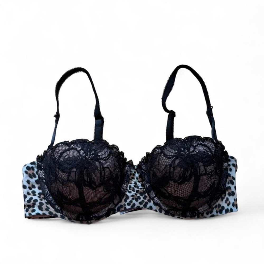 NWT Victoria Secret Black lace and animal print balconette bra